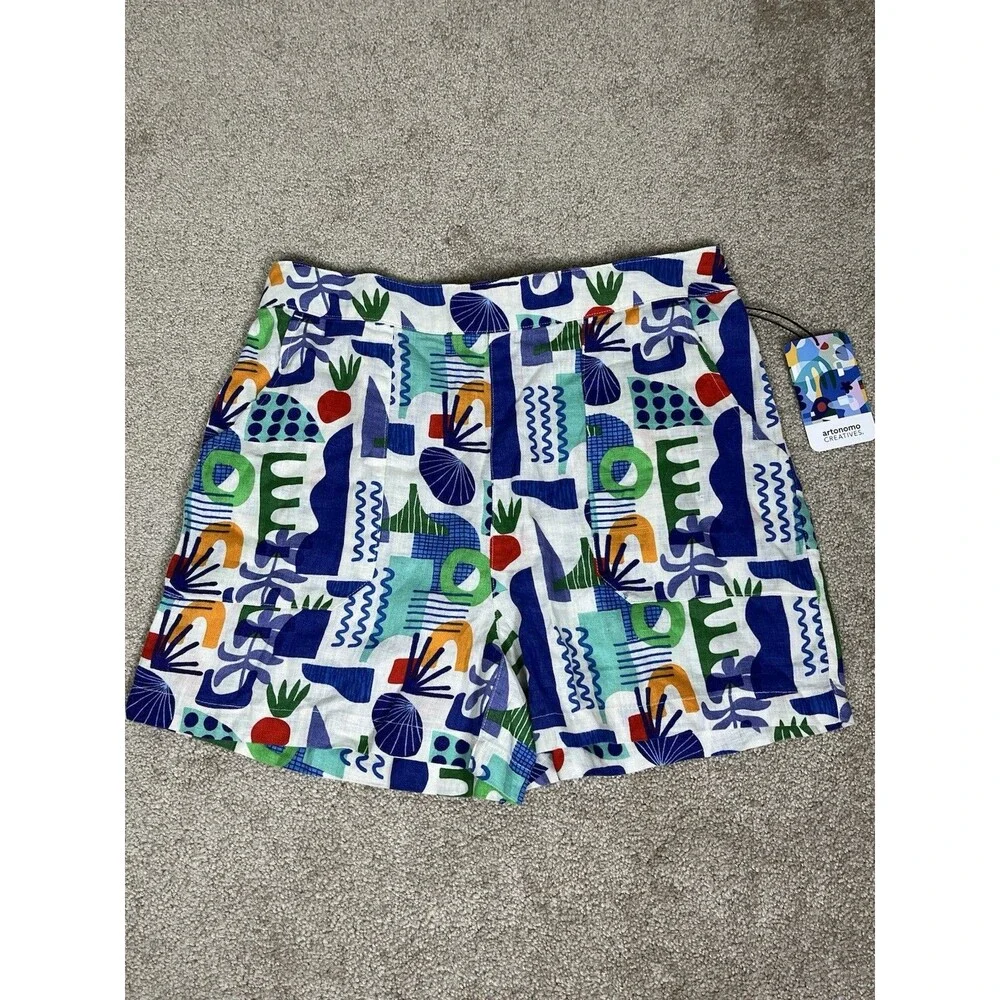 NWT Artonomo Creatives Womens M 100% Linen Shorts Art To Wear Colorful Geometric
